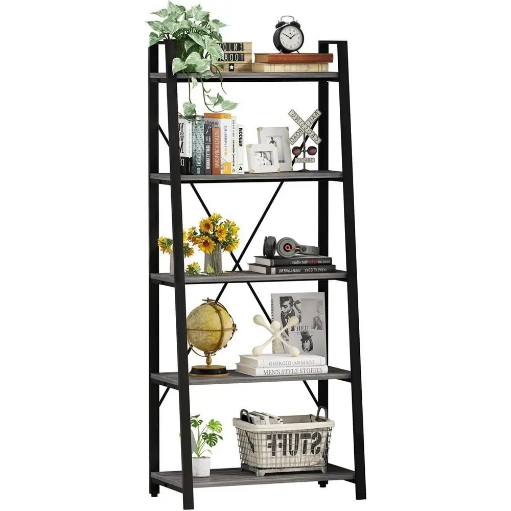 Home Office With Bookshelves - 5-Tier Ladder Bookshelf, Industrial Style, Wood